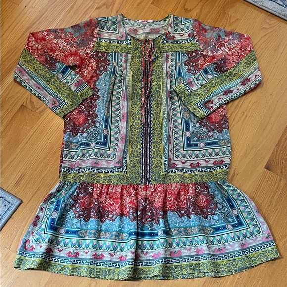Johnny was 100% silk size XS Paisley floral pin tuck Boho long sleeve dress - Picture 1 of 9